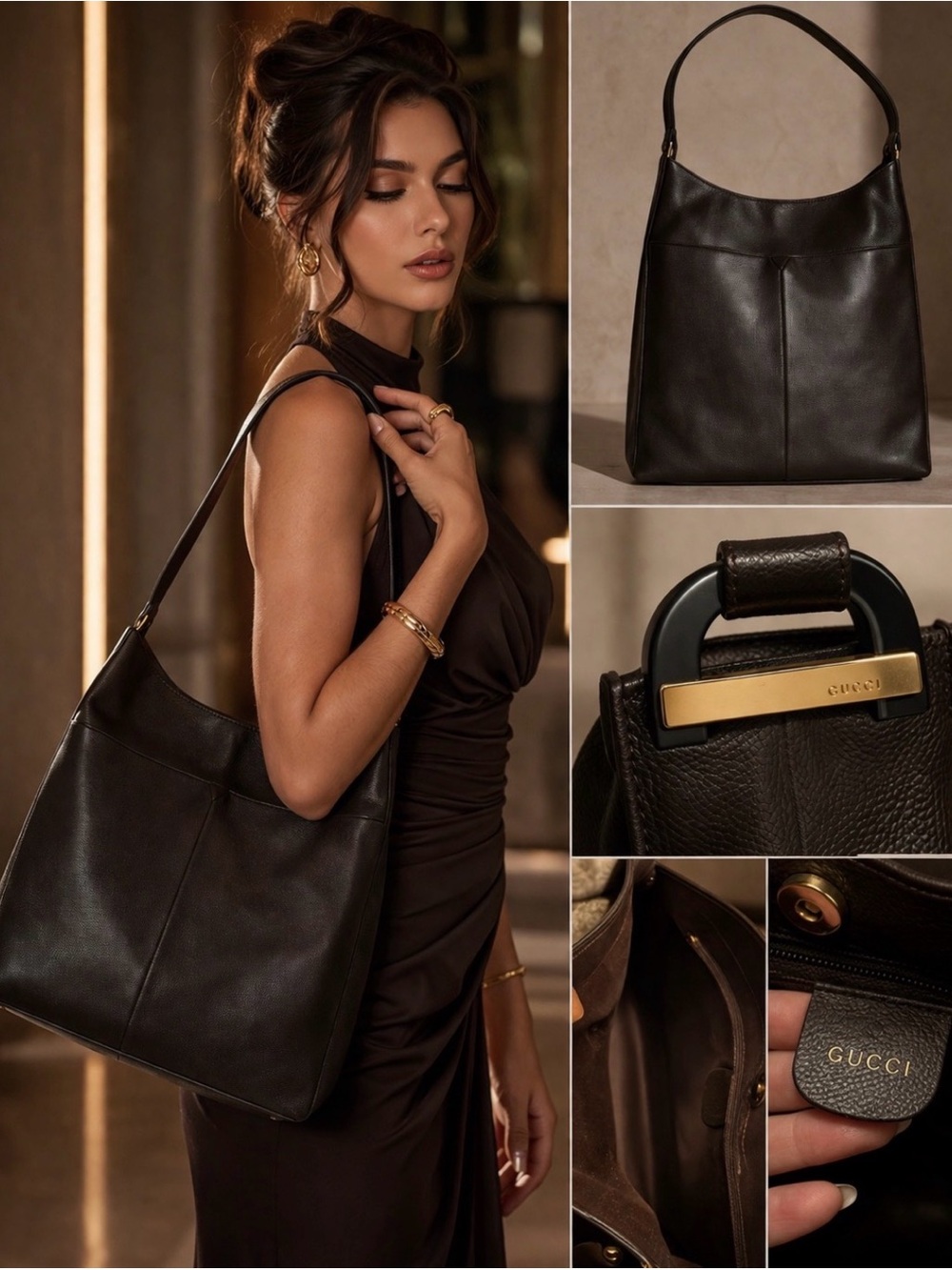 Gucci Black Leather Shoulder Hobo Bag